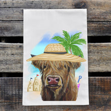 Load image into Gallery viewer, Beach Towel 'Fergus', Summer Highland Cow Kitchen Decor