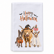 Load image into Gallery viewer, Halloween Farm Animals Tea Towel, Cute Halloween Cow, Goat , Chicken and Donkey Kitchen Towel