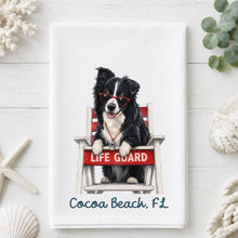Load image into Gallery viewer, Coastal Border Collie Tea Towel - Border Collie Kitchen Towel - Option to Personalize