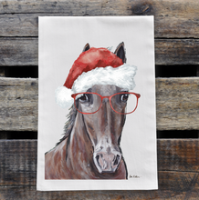 Load image into Gallery viewer, Horse Christmas Towel, 'Brown Horse with Santa Hat', Christmas Horse Decor
