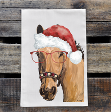 Load image into Gallery viewer, Horse Christmas Towel, 'Tan Horse with Santa Hat', Christmas Horse Decor