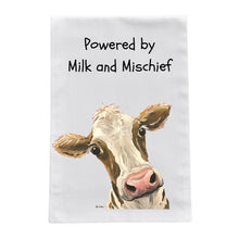 Load image into Gallery viewer, Cow Tea Towel, Funny Cow Kitchen Towel "Powered By Milk"