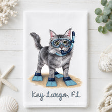 Load image into Gallery viewer, Coastal Fluffy Gray Cat Tea Towel - Cat Kitchen Towel - Option to Personalize