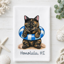 Load image into Gallery viewer, Coastal Tortoiseshell Cat Tea Towel - Cat Kitchen Towel - Option to Personalize