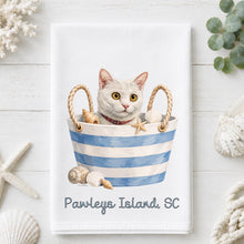Load image into Gallery viewer, Coastal White Cat Tea Towel - Cat Kitchen Towel - Option to Personalize