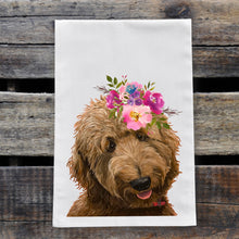 Load image into Gallery viewer, Golden Doodle Tea Towel, Bright Blooms Flower Crown, Spring Decor