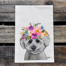 Load image into Gallery viewer, Bichon Tea Towel, Bright Blooms Flower Crown, Spring Decor