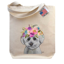Load image into Gallery viewer, Bichon Tote Bag, Bright Blooms Flower Crown , Spring Tote Bag