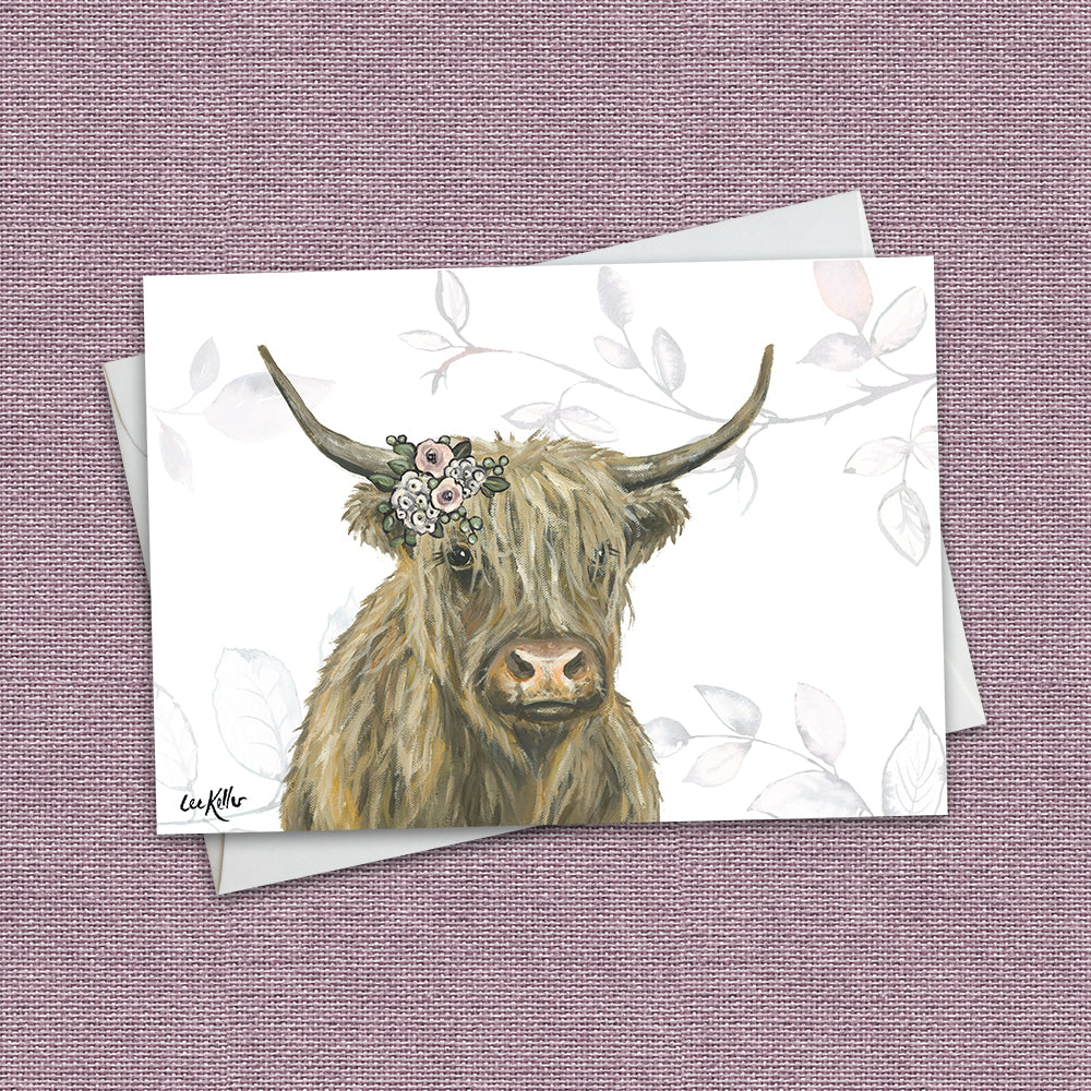 Boho Greeting Card 'Fern', Boho Highland Cow Greeting Card