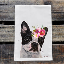 Load image into Gallery viewer, Boston Terrier Tea Towel, Bright Blooms Flower Crown, Spring Decor
