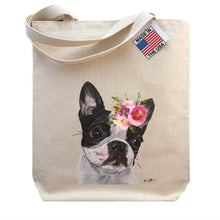 Load image into Gallery viewer, Boston Terrier Tote Bag, Bright Blooms Flower Crown , Spring Tote Bag

