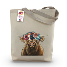 Load image into Gallery viewer, Dark Boho Flowers Highland Cow Tote Bag, 'Shamus'