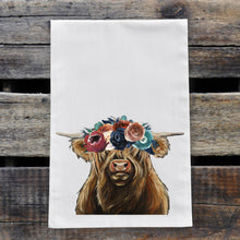 Load image into Gallery viewer, Highland Cow Towel, Dark Boho Flowers, Farmhouse Kitchen Decor