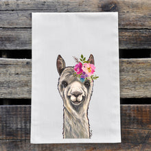 Load image into Gallery viewer, Alpaca Tea Towel 'EllieMae', Bright Blooms Flower Crown, Spring Decor