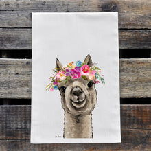 Load image into Gallery viewer, Alpaca Tea Towel 'Shenanigan', Bright Blooms Flower Crown, Spring Decor