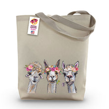Load image into Gallery viewer, Alpaca Tote Bag 'Trio', Bright Blooms Flower Crown, Spring Tote Bag