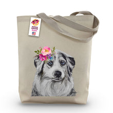 Load image into Gallery viewer, Australian Shepherd Tote Bag, Bright Blooms Flower Crown, Spring Tote Bag