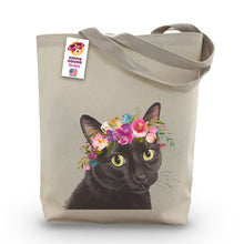 Load image into Gallery viewer, Black Cat Tote Bag, Bright Blooms Flower Crown , Spring Tote Bag