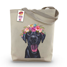 Load image into Gallery viewer, Black Lab Tote Bag, Bright Blooms Flower Crown, Spring Tote Bag