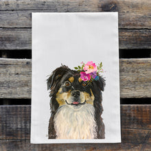 Load image into Gallery viewer, Border Collie Tea Towel, Bright Blooms Flower Crown, Spring Decor