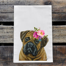 Load image into Gallery viewer, Bull Mastiff Tea Towel, Bright Blooms Flower Crown, Spring Decor