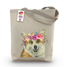 Load image into Gallery viewer, Corgi Tote Bag, Bright Blooms Flower Crown, Spring Tote Bag