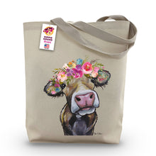 Load image into Gallery viewer, Cow Tote Bag 'Hazel', Bright Blooms Flower Crown, Spring Tote Bag