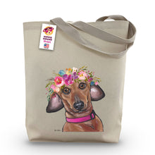 Load image into Gallery viewer, Dachshund Tote Bag, Bright Blooms Flower Crown, Spring Tote Bag