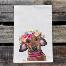 Load image into Gallery viewer, Dachshund Tea Towel, Bright Blooms Flower Crown, Spring Decor