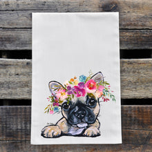Load image into Gallery viewer, French Bulldog Tea Towel, Bright Blooms Flower Crown, Spring Decor