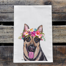 Load image into Gallery viewer, German Shepherd Tea Towel, Bright Blooms Flower Crown, Spring Decor