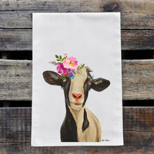 Load image into Gallery viewer, Goat Tea Towel 'Luna', Bright Blooms Flower Crown, Spring Decor