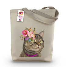 Load image into Gallery viewer, Grey Tabby Cat Tote Bag, Bright Blooms Flower Crown , Spring Tote Bag
