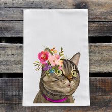 Load image into Gallery viewer, Grey Tabby Cat Tea Towel, Bright Blooms Flower Crown, Spring Decor