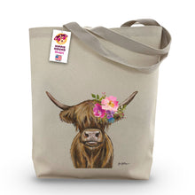 Load image into Gallery viewer, Highland Cow Tote Bag 'Penny', Bright Blooms Flower Crown, Spring Tote Bag