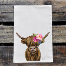Load image into Gallery viewer, Highland Cow Tea Towel 'Penny', Bright Blooms Flower Crown, Spring Decor