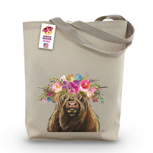 Load image into Gallery viewer, Highland Cow Tote Bag 'Shamus', Bright Blooms Flower Crown, Spring Tote Bag