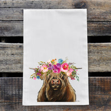 Load image into Gallery viewer, Highland Cow Tea Towel 'Shamus', Bright Blooms Flower Crown, Spring Decor