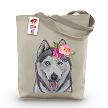 Load image into Gallery viewer, Husky Tote Bag, Bright Blooms Flower Crown, Spring Tote Bag