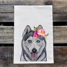 Load image into Gallery viewer, Husky Tea Towel, Bright Blooms Flower Crown, Spring Decor
