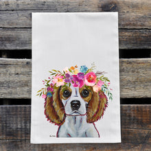 Load image into Gallery viewer, King Charles Spaniel Tea Towel, Bright Blooms Flower Crown, Spring Decor