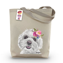 Load image into Gallery viewer, Maltese Tote Bag, Bright Blooms Flower Crown, Spring Tote Bag