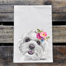 Load image into Gallery viewer, Maltese Tea Towel, Bright Blooms Flower Crown, Spring Decor