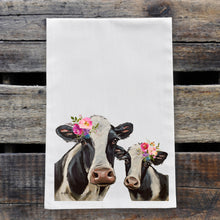 Load image into Gallery viewer, Cow Tea Towel 'Mom & Baby', Bright Blooms Flower Crown, Spring Decor