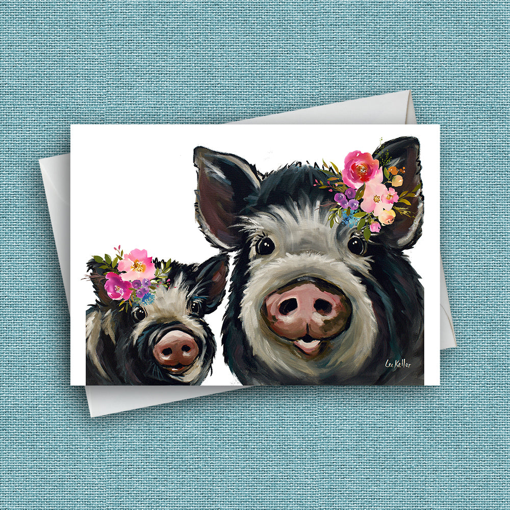 Bright Blooms Pig Greeting Card 'mom & Baby', Cute Pig Greeting Card 