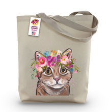 Load image into Gallery viewer, Orange Tabby Cat Tote Bag, Bright Blooms Flower Crown , Spring Tote Bag