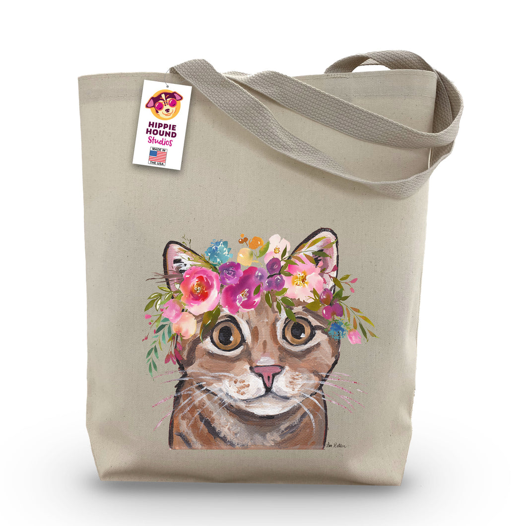 Orange Tabby Cat Tote Bag, Bright Blooms Flower Crown , Spring Tote Bag