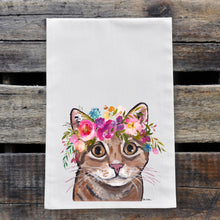 Load image into Gallery viewer, Orange Tabby Cat Tea Towel, Bright Blooms Flower Crown, Spring Decor

