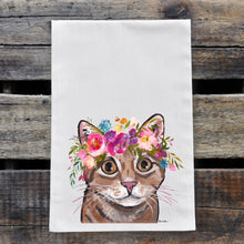 Load image into Gallery viewer, Orange Tabby Cat Tea Towel, Bright Blooms Flower Crown, Spring Decor