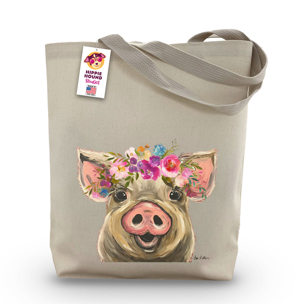 Pig Tote Bag 'Posey', Bright Blooms Flower Crown, Spring Tote Bag